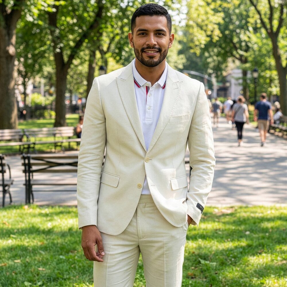 New 2026 Mens 2pc Linen Spring Ivory Suit Set, Skinny Fit